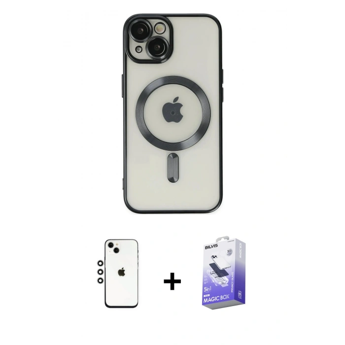 MARSİLYAN™- iPhone 14 Kılıf Nova Işık Özel Seri - Siyah Bilvis 5in1 5D Magic Hayalet Cam Ekran Koruyucu + Shine Kamera Lens - GS
