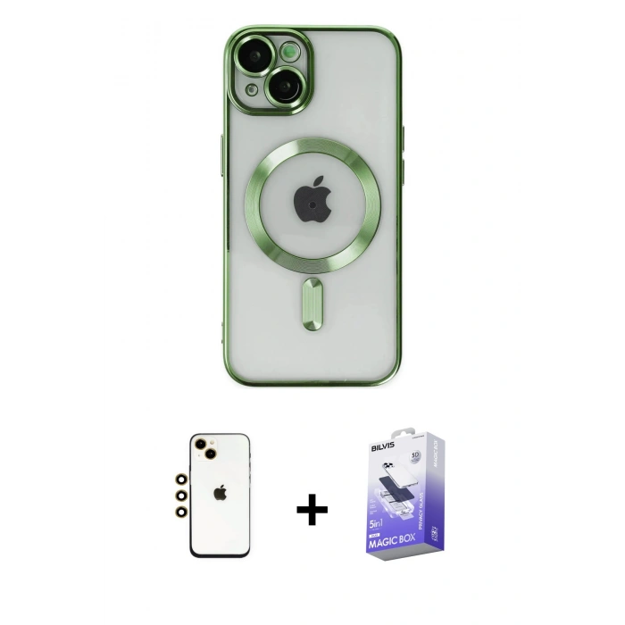 MARSİLYAN™- iPhone 14 Kılıf Nova Işık Özel Seri - Siyah Bilvis 5in1 5D Magic Hayalet Cam Ekran Koruyucu + Gold Shine Kamera Lens