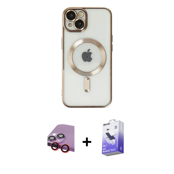 MARSİLYAN™- iPhone 14 Kılıf Nova Işık Özel Seri - Siyah Bilvis 5in1 5D Magic Hayalet Cam Ekran Koruyucu + Kırmızı Raze Metal Kamera Lens