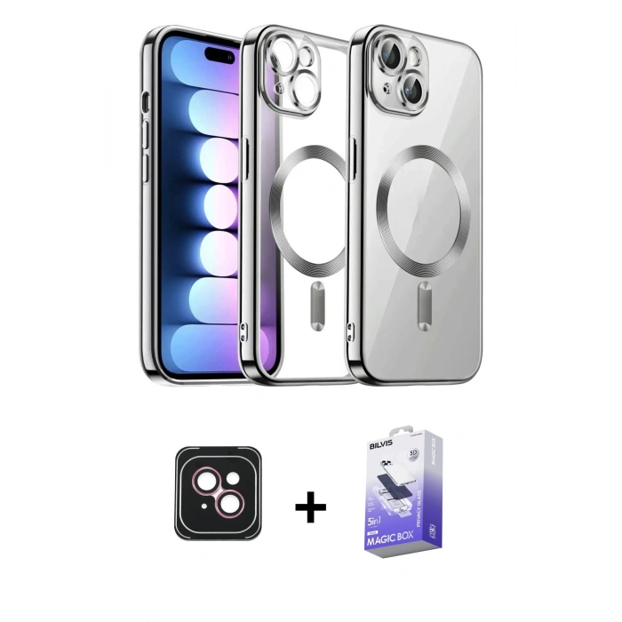 MARSİLYAN™- iPhone 14 Kılıf Nova Işık Özel Seri - Siyah Bilvis 5in1 5D Magic Hayalet Cam Ekran Koruyucu + PVD Metal Kamera Lens - PE