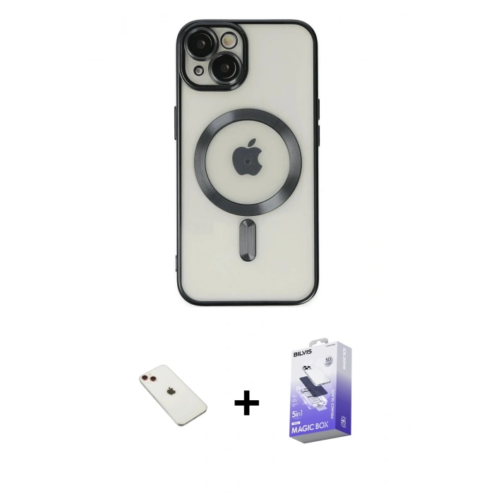 MARSİLYAN™- iPhone 14 Kılıf Nova Işık Özel Seri - Siyah Bilvis 5in1 5D Magic Hayalet Cam Ekran Koruyucu + Diamond Kamera Lens - KI