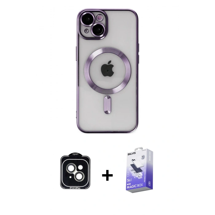 MARSİLYAN™- iPhone 14 Kılıf Nova Işık Özel Seri - Siyah Bilvis 5in1 5D Magic Hayalet Cam Ekran Koruyucu + Yeşil PVD Metal Kamera Lens