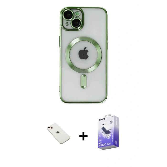 MARSİLYAN™- iPhone 14 Kılıf Nova Işık Özel Seri - Siyah Bilvis 5in1 5D Magic Hayalet Cam Ekran Koruyucu + Diamond Kamera Lens - PE