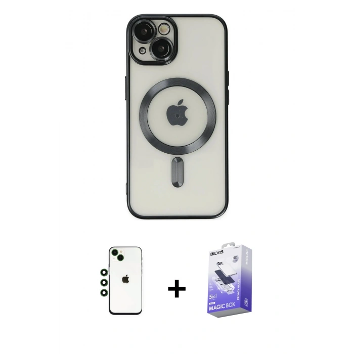 MARSİLYAN™- iPhone 14 Kılıf Nova Işık Özel Seri - Siyah Bilvis 5in1 5D Magic Hayalet Cam Ekran Koruyucu + Shine Kamera Lens - YL