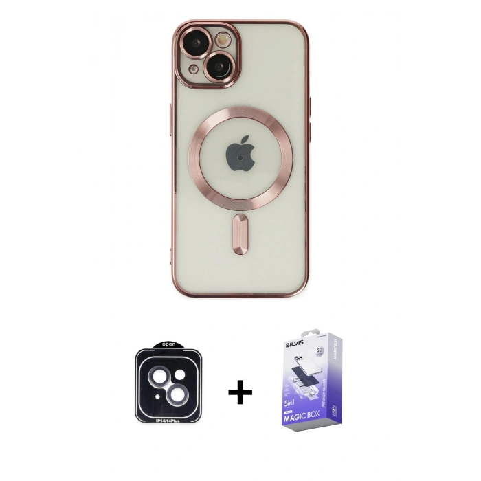 MARSİLYAN™- iPhone 14 Kılıf Nova Işık Özel Seri - Siyah Bilvis 5in1 5D Magic Hayalet Cam Ekran Koruyucu + PVD Metal Kamera Lens - SH