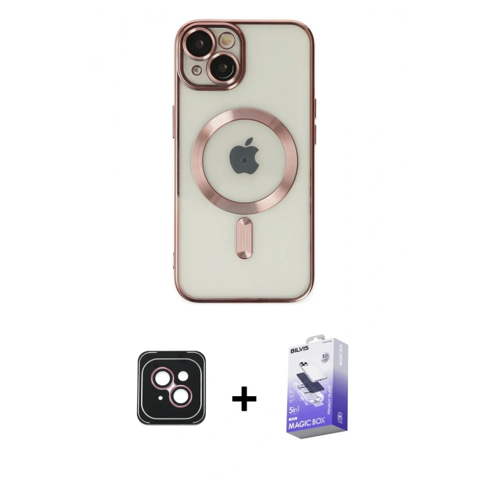 MARSİLYAN™- iPhone 14 Kılıf Nova Işık Özel Seri - Siyah Bilvis 5in1 5D Magic Hayalet Cam Ekran Koruyucu + PVD Metal Kamera Lens - PE