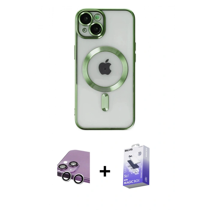MARSİLYAN™- iPhone 14 Kılıf Nova Işık Özel Seri - Siyah Bilvis 5in1 5D Magic Hayalet Cam Ekran Koruyucu + Raze Metal Kamera Lens - GS