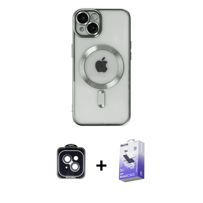 MARSİLYAN™- iPhone 14 Kılıf Nova Işık Özel Seri - Siyah Bilvis 5in1 5D Magic Hayalet Cam Ekran Koruyucu + PVD Metal Kamera Lens - SH