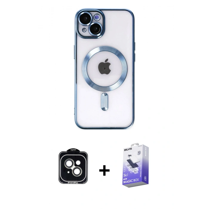 MARSİLYAN™- iPhone 14 Kılıf Nova Işık Özel Seri - Siyah Bilvis 5in1 5D Magic Hayalet Cam Ekran Koruyucu + Yeşil PVD Metal Kamera Lens