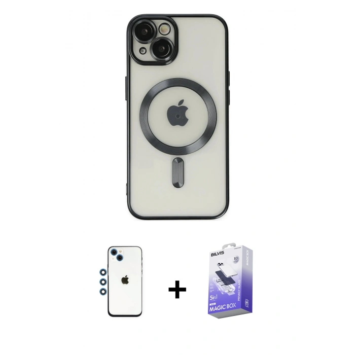 MARSİLYAN™- iPhone 14 Kılıf Nova Işık Özel Seri - Siyah Bilvis 5in1 5D Magic Hayalet Cam Ekran Koruyucu + Shine Kamera Lens - MI