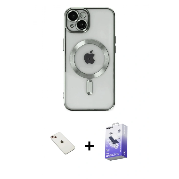 MARSİLYAN™- iPhone 14 Kılıf Nova Işık Özel Seri - Siyah Bilvis 5in1 5D Magic Hayalet Cam Ekran Koruyucu + Diamond Kamera Lens - KI
