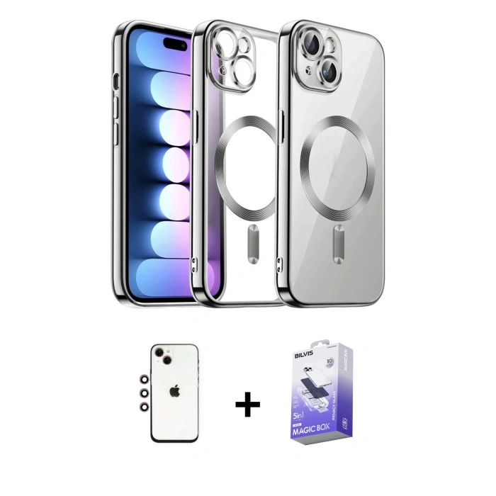 MARSİLYAN™- iPhone 14 Kılıf Nova Işık Özel Seri - Siyah Bilvis 5in1 5D Magic Hayalet Cam Ekran Koruyucu + Gökkuşağı Shine Kamera Lens