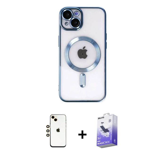 MARSİLYAN™- iPhone 14 Kılıf Nova Işık Özel Seri - Siyah Bilvis 5in1 5D Magic Hayalet Cam Ekran Koruyucu + Gold Shine Kamera Lens