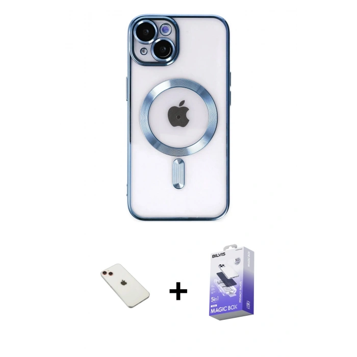 MARSİLYAN™- iPhone 14 Kılıf Nova Işık Özel Seri - Siyah Bilvis 5in1 5D Magic Hayalet Cam Ekran Koruyucu + Diamond Kamera Lens - KI