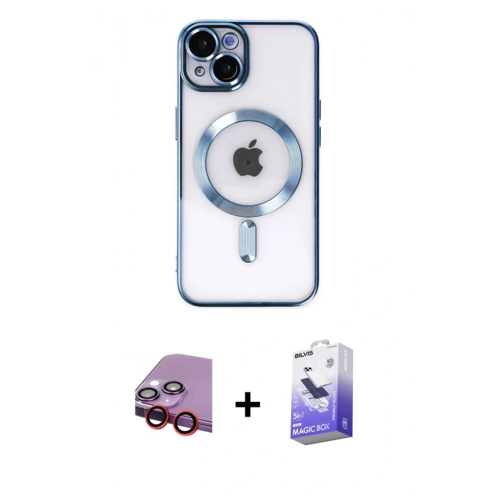 MARSİLYAN™- iPhone 14 Kılıf Nova Işık Özel Seri - Siyah Bilvis 5in1 5D Magic Hayalet Cam Ekran Koruyucu + Kırmızı Raze Metal Kamera Lens