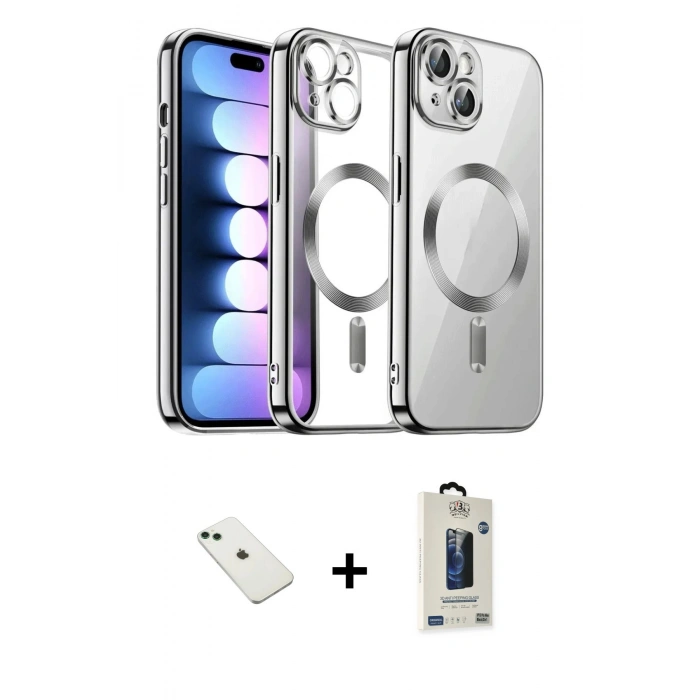 MARSİLYAN™- iPhone 14 Kılıf Nova Işık Özel Seri - Siyah Bilvis Hayalet Cam Ekran Koruyucu + Diamond Kamera Lens - YL