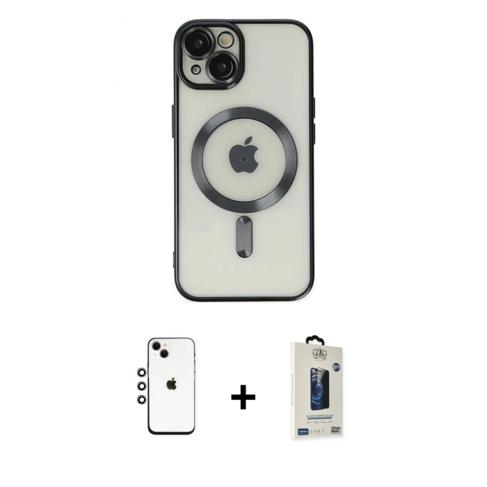MARSİLYAN™- iPhone 14 Kılıf Nova Işık Özel Seri - Siyah Bilvis Hayalet Cam Ekran Koruyucu + Shine Kamera Lens - GI