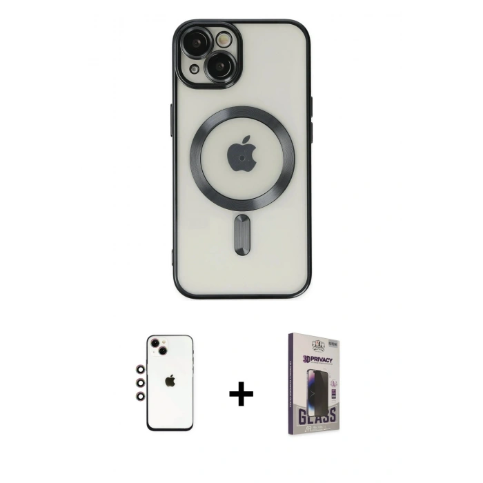 MARSİLYAN™- iPhone 14 Kılıf Nova Işık Özel Seri - Siyah Bilvis Hayalet Cam Ekran Koruyucu + Shine Kamera Lens - GI