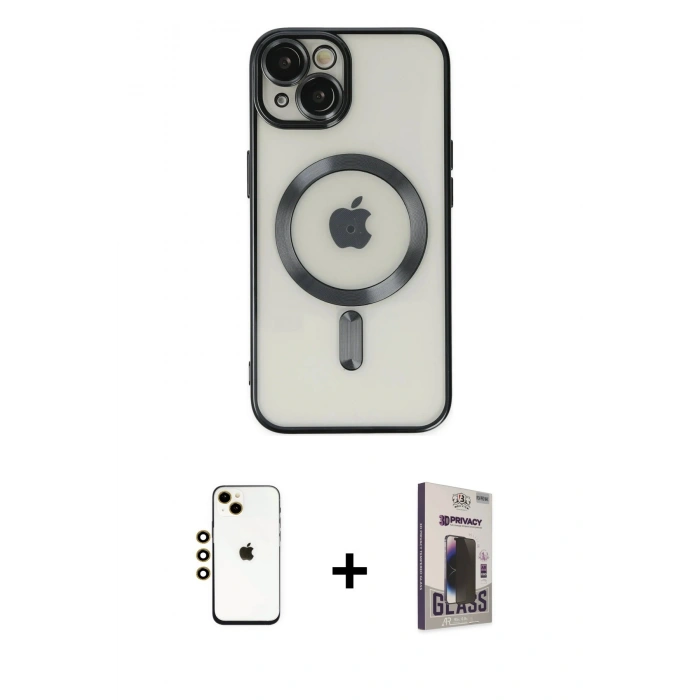 MARSİLYAN™- iPhone 14 Kılıf Nova Işık Özel Seri - Siyah Bilvis Hayalet Cam Ekran Koruyucu + Shine Kamera Lens - GD