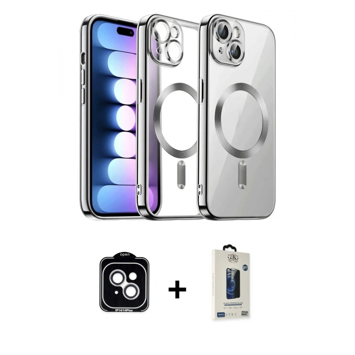 MARSİLYAN™- iPhone 14 Kılıf Nova Işık Özel Seri - Siyah Bilvis Hayalet Cam Ekran Koruyucu + PVD Metal Kamera Lens - GS