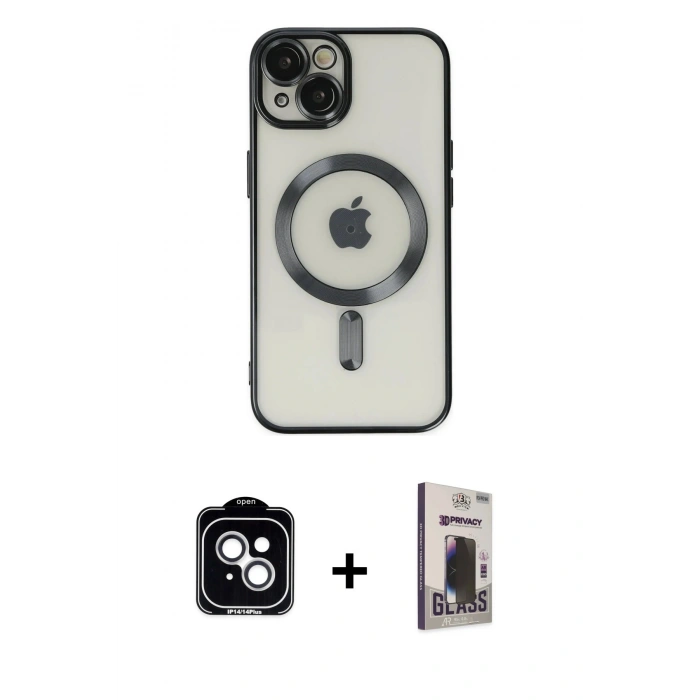 MARSİLYAN™- iPhone 14 Kılıf Nova Işık Özel Seri - Siyah Bilvis Hayalet Cam Ekran Koruyucu + PVD Metal Kamera Lens - GS