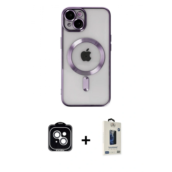 MARSİLYAN™- iPhone 14 Kılıf Nova Işık Özel Seri - Siyah Bilvis Hayalet Cam Ekran Koruyucu + PVD Metal Kamera Lens - GS