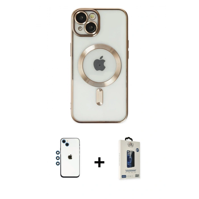 MARSİLYAN™- iPhone 14 Kılıf Nova Işık Özel Seri - Siyah Bilvis Hayalet Cam Ekran Koruyucu + Mavi Shine Kamera Lens