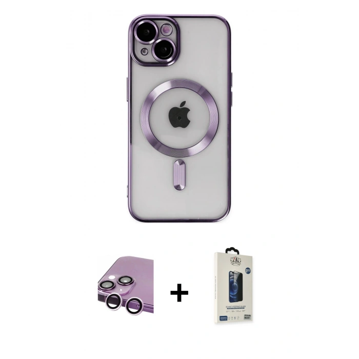 MARSİLYAN™- iPhone 14 Kılıf Nova Işık Özel Seri - Siyah Bilvis Hayalet Cam Ekran Koruyucu + Raze Metal Kamera Lens - MR
