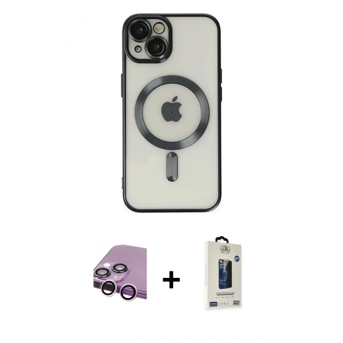 MARSİLYAN™- iPhone 14 Kılıf Nova Işık Özel Seri - Siyah Bilvis Hayalet Cam Ekran Koruyucu + Raze Metal Kamera Lens - MR