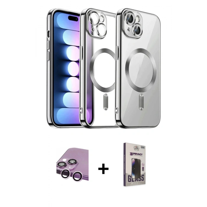 MARSİLYAN™- iPhone 14 Kılıf Nova Işık Özel Seri - Siyah Bilvis Hayalet Cam Ekran Koruyucu + Raze Metal Kamera Lens - MR
