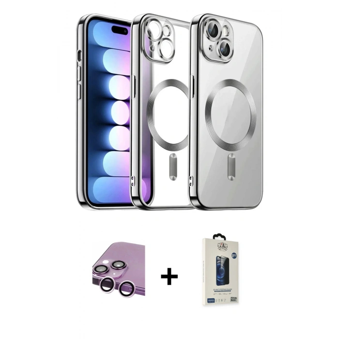 MARSİLYAN™- iPhone 14 Kılıf Nova Işık Özel Seri - Siyah Bilvis Hayalet Cam Ekran Koruyucu + Raze Metal Kamera Lens - MR