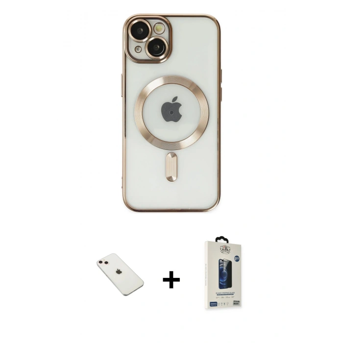 MARSİLYAN™- iPhone 14 Kılıf Nova Işık Özel Seri - Siyah Bilvis Hayalet Cam Ekran Koruyucu + Diamond Kamera Lens - PE