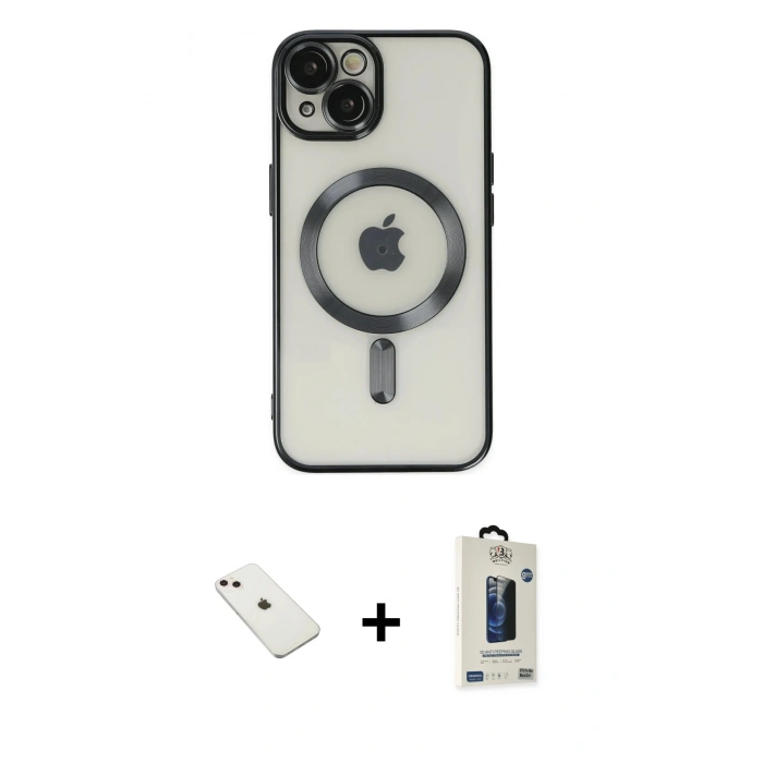 MARSİLYAN™- iPhone 14 Kılıf Nova Işık Özel Seri - Siyah Bilvis Hayalet Cam Ekran Koruyucu + Diamond Kamera Lens - PE