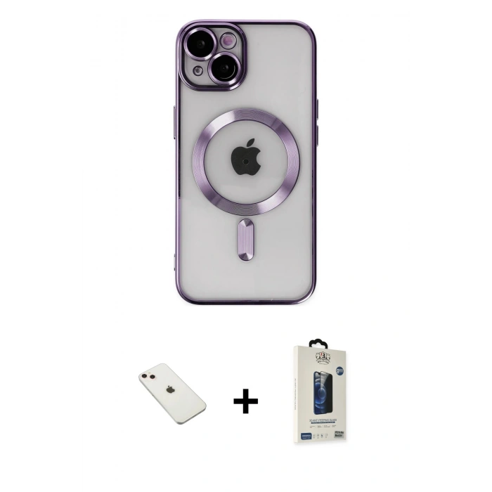 MARSİLYAN™- iPhone 14 Kılıf Nova Işık Özel Seri - Siyah Bilvis Hayalet Cam Ekran Koruyucu + Diamond Kamera Lens - PE