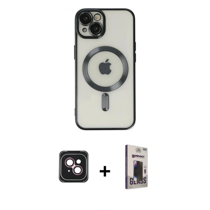 MARSİLYAN™- iPhone 14 Kılıf Nova Işık Özel Seri - Siyah Bilvis Hayalet Cam Ekran Koruyucu + PVD Metal Kamera Lens - PE