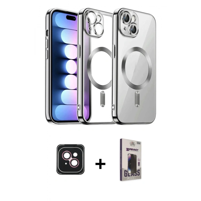 MARSİLYAN™- iPhone 14 Kılıf Nova Işık Özel Seri - Siyah Bilvis Hayalet Cam Ekran Koruyucu + PVD Metal Kamera Lens - PE