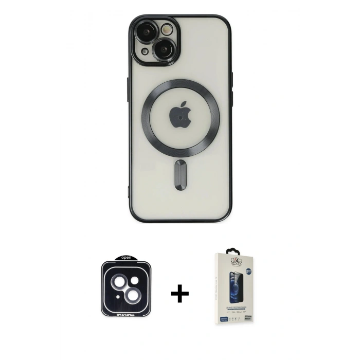 MARSİLYAN™- iPhone 14 Kılıf Nova Işık Özel Seri - Siyah Bilvis Hayalet Cam Ekran Koruyucu + Siyah PVD Metal Kamera Lens