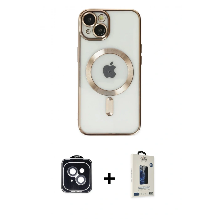 MARSİLYAN™- iPhone 14 Kılıf Nova Işık Özel Seri - Siyah Bilvis Hayalet Cam Ekran Koruyucu + Siyah PVD Metal Kamera Lens