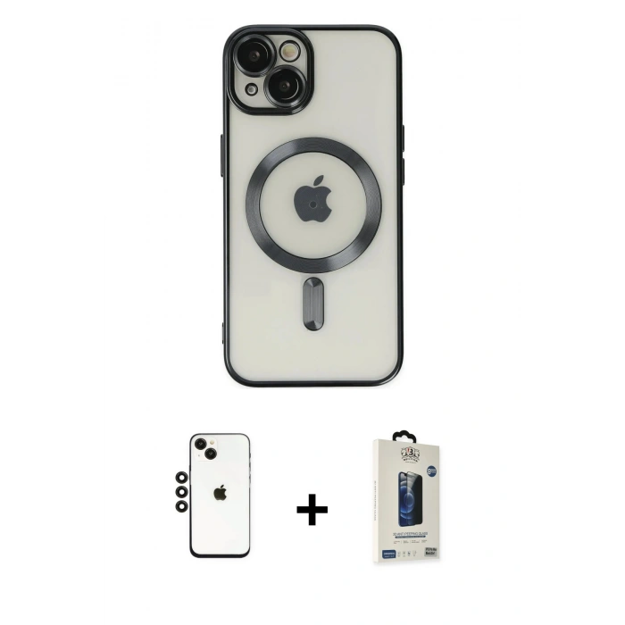 MARSİLYAN™- iPhone 14 Kılıf Nova Işık Özel Seri - Siyah Bilvis Hayalet Cam Ekran Koruyucu + Shine Kamera Lens - SH