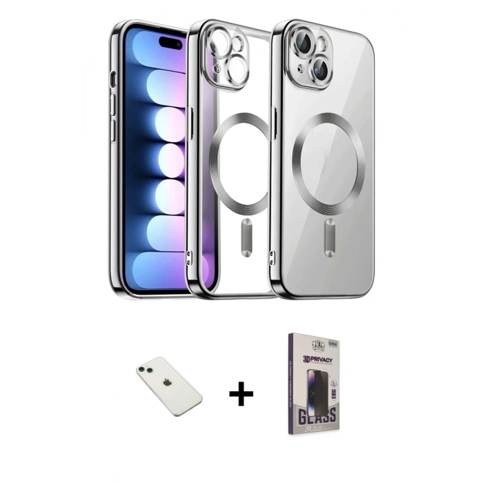 MARSİLYAN™- iPhone 14 Kılıf Nova Işık Özel Seri - Siyah Bilvis Hayalet Cam Ekran Koruyucu + Diamond Kamera Lens - YL