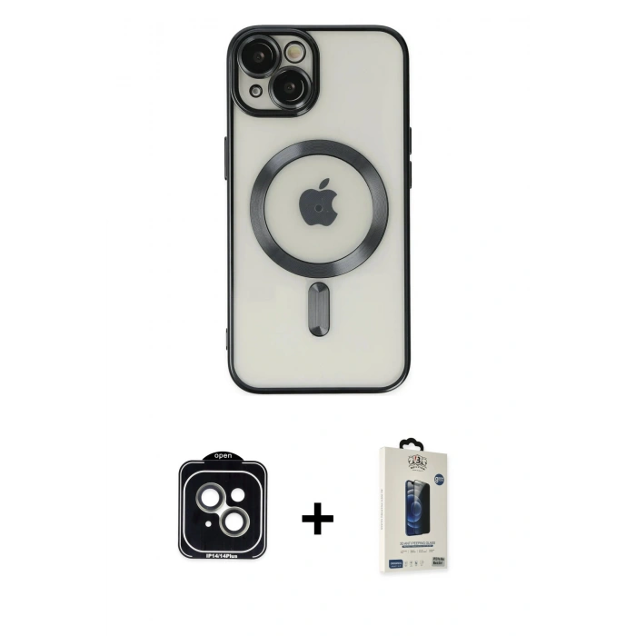 MARSİLYAN™- iPhone 14 Kılıf Nova Işık Özel Seri - Siyah Bilvis Hayalet Cam Ekran Koruyucu + PVD Metal Kamera Lens - YL