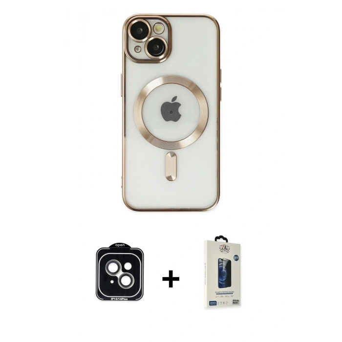 MARSİLYAN™- iPhone 14 Kılıf Nova Işık Özel Seri - Siyah Bilvis Hayalet Cam Ekran Koruyucu + PVD Metal Kamera Lens - YL