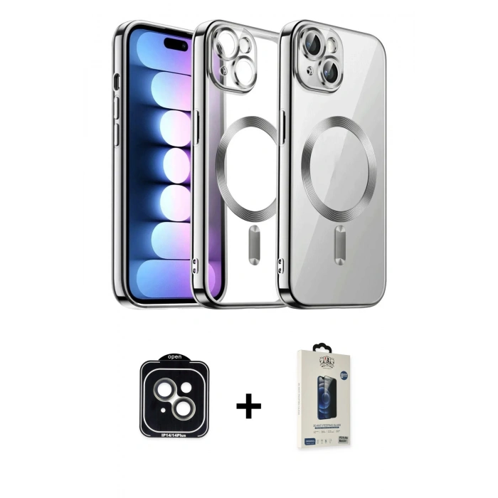 MARSİLYAN™- iPhone 14 Kılıf Nova Işık Özel Seri - Siyah Bilvis Hayalet Cam Ekran Koruyucu + PVD Metal Kamera Lens - YL