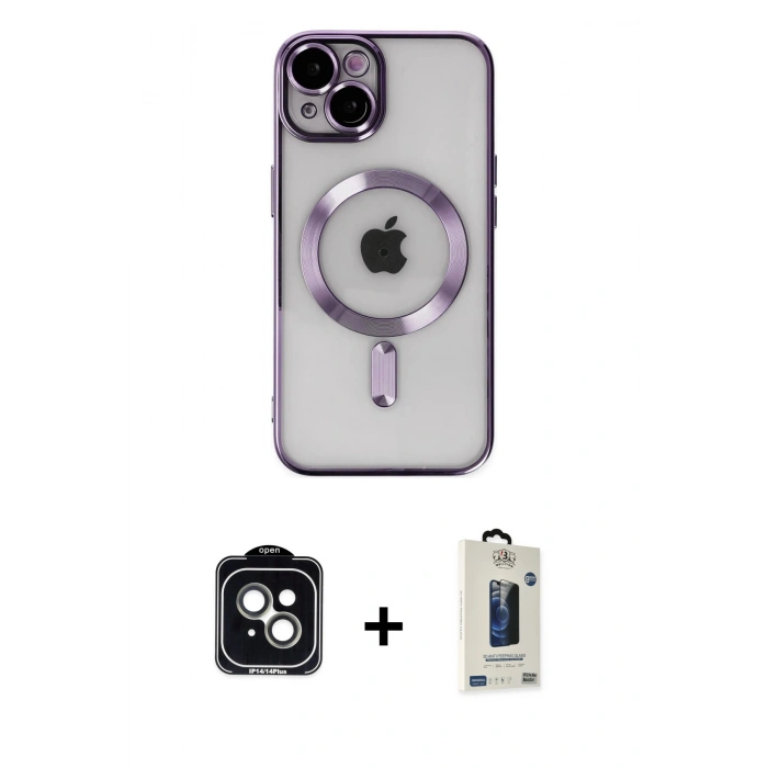 MARSİLYAN™- iPhone 14 Kılıf Nova Işık Özel Seri - Siyah Bilvis Hayalet Cam Ekran Koruyucu + PVD Metal Kamera Lens - YL