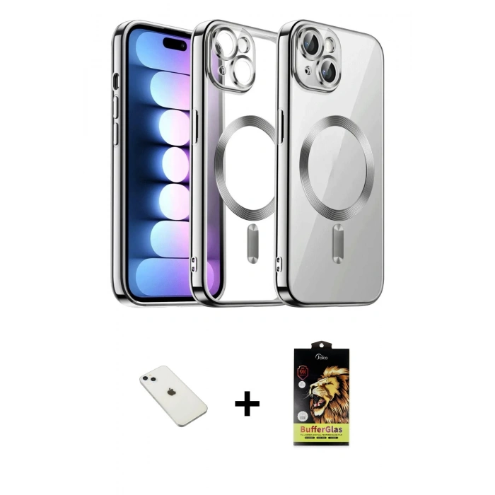 MARSİLYAN™- iPhone 14 Kılıf Nova Işık Özel Seri - Siyah Buffer Cam Ekran Koruyucu + Diamond Kamera Lens - SABE