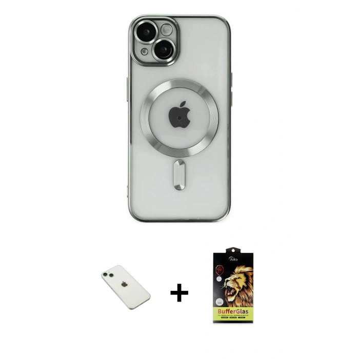 MARSİLYAN™- iPhone 14 Kılıf Nova Işık Özel Seri - Siyah Buffer Cam Ekran Koruyucu + Diamond Kamera Lens - YL