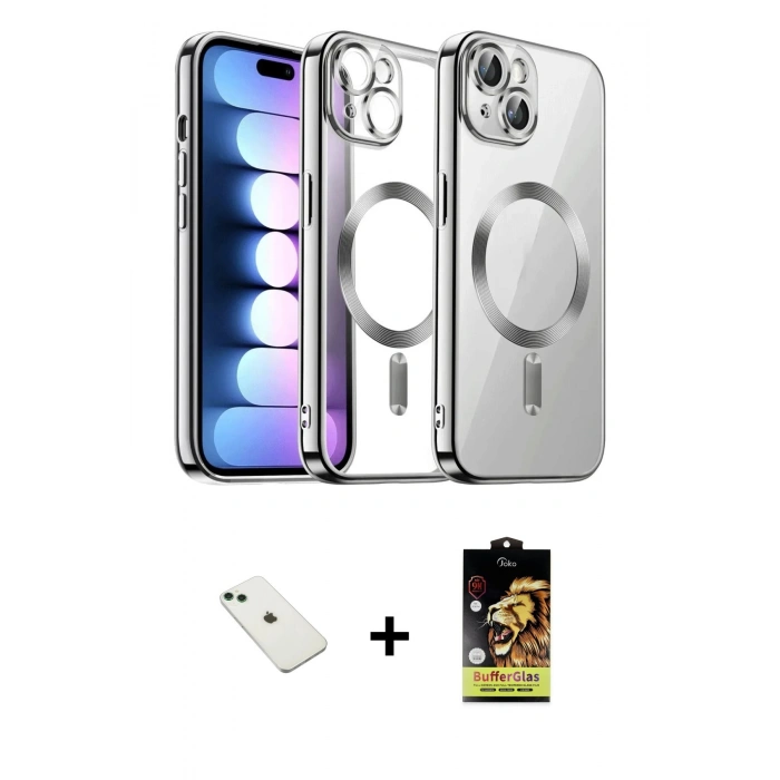 MARSİLYAN™- iPhone 14 Kılıf Nova Işık Özel Seri - Siyah Buffer Cam Ekran Koruyucu + Diamond Kamera Lens - YL