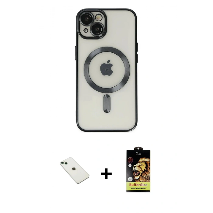 MARSİLYAN™- iPhone 14 Kılıf Nova Işık Özel Seri - Siyah Buffer Cam Ekran Koruyucu + Diamond Kamera Lens - YL
