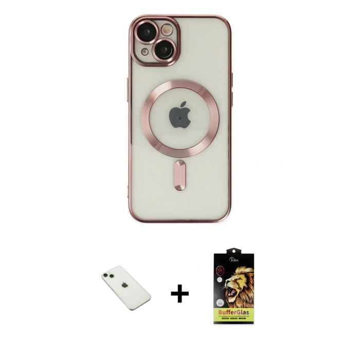MARSİLYAN™- iPhone 14 Kılıf Nova Işık Özel Seri - Siyah Buffer Cam Ekran Koruyucu + Diamond Kamera Lens - YL