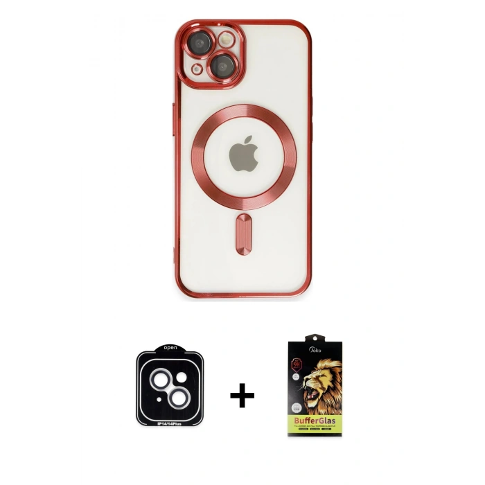 MARSİLYAN™- iPhone 14 Kılıf Nova Işık Özel Seri - Siyah Buffer Cam Ekran Koruyucu + Gümüş PVD Metal Kamera Lens